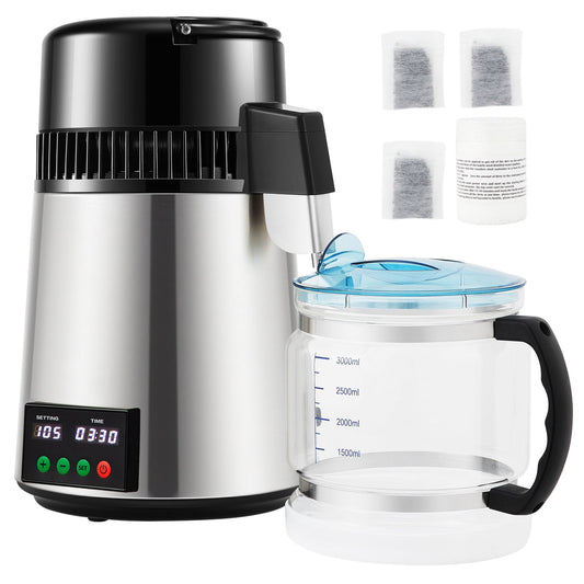 1.1 Gal Water Distiller, 0.3 Gal/H, 750W Distilled Water Maker Machine 0-99H Timing Set Temp Display, 304 Stainless Steel Countertop Distiller Glass Carafe Cleaning Powder 3 Carbon Packs, Silver