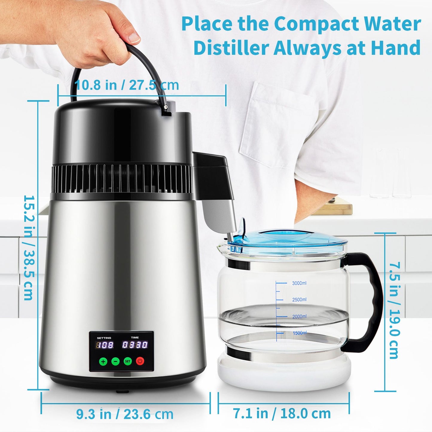 1.1 Gal Water Distiller, 0.3 Gal/H, 750W Distilled Water Maker Machine 0-99H Timing Set Temp Display, 304 Stainless Steel Countertop Distiller Glass Carafe Cleaning Powder 3 Carbon Packs, Silver