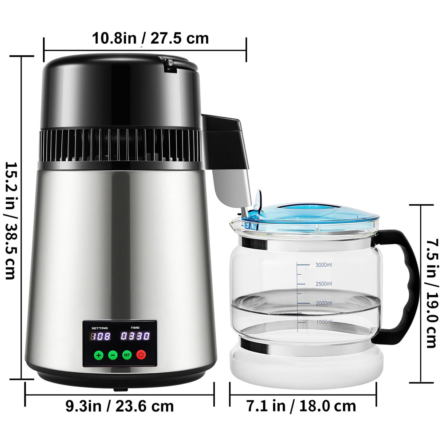 1.1 Gal Water Distiller, 0.3 Gal/H, 750W Distilled Water Maker Machine 0-99H Timing Set Temp Display, 304 Stainless Steel Countertop Distiller Glass Carafe Cleaning Powder 3 Carbon Packs, Silver