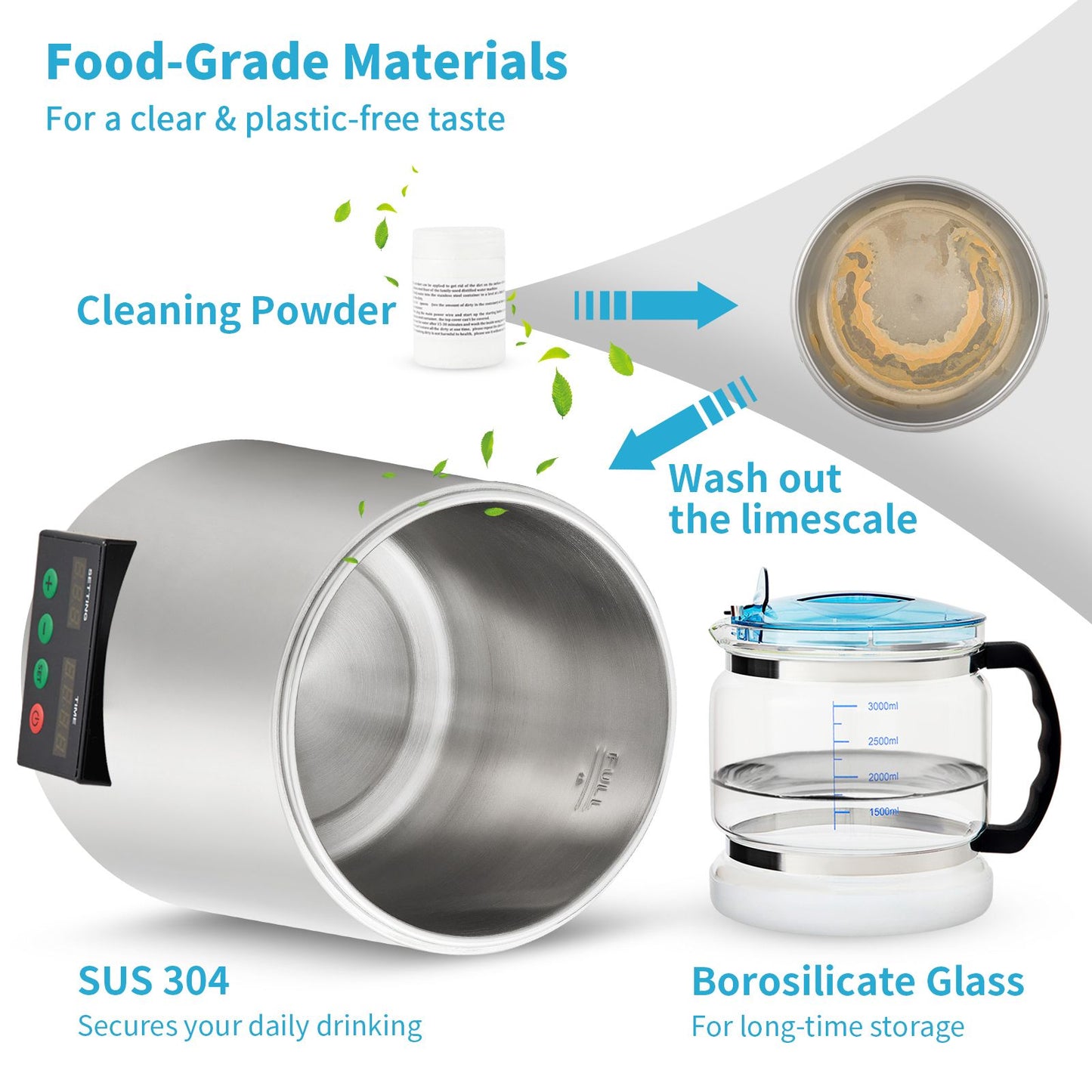 1.1 Gal Water Distiller, 0.3 Gal/H, 750W Distilled Water Maker Machine 0-99H Timing Set Temp Display, 304 Stainless Steel Countertop Distiller Glass Carafe Cleaning Powder 3 Carbon Packs, Silver