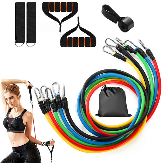 11Pcs Resistance Bands Set Fitness Workout Tubes Exercise Tube Bands Up to 100lbs w/ Door Anchor Handles Ankle Straps for Physical Training Yoga Pilates