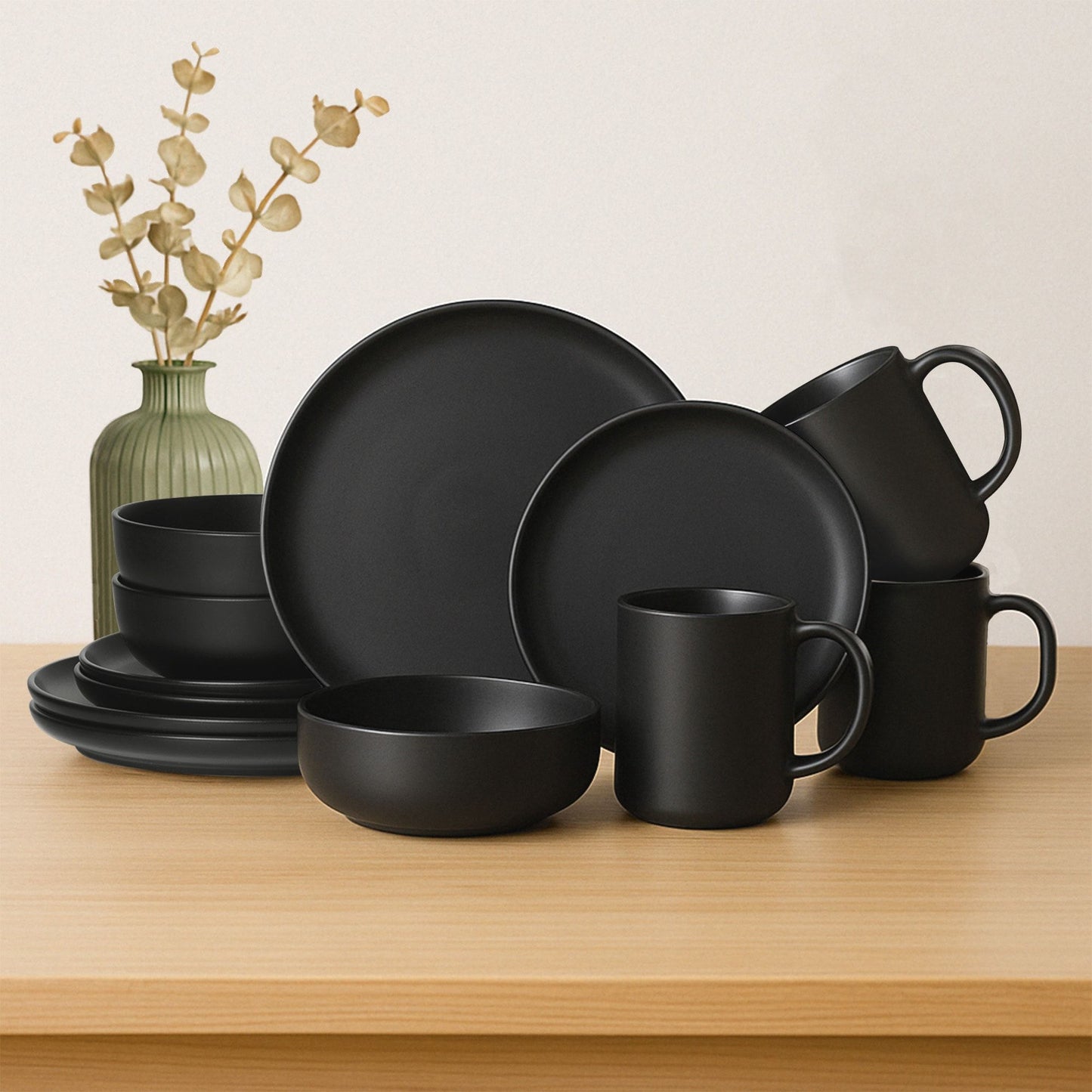12-Piece Stoneware Dinnerware Sets with Mugs | Microwave & Dishwasher Safe | Non-Toxic Dinner Plates Bowls Set | Stackable Matte Glaze Kitchenware for 3,Black
