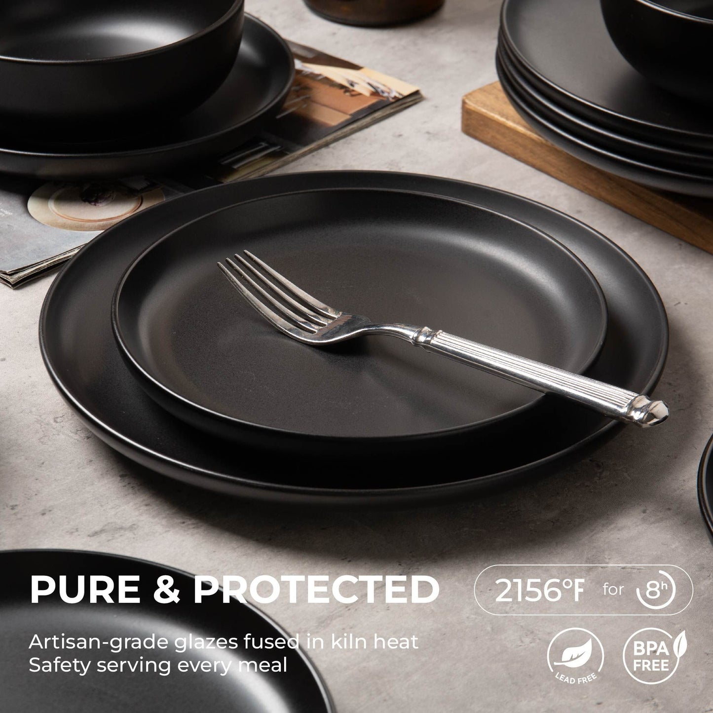 12-Piece Stoneware Dinnerware Sets with Mugs | Microwave & Dishwasher Safe | Non-Toxic Dinner Plates Bowls Set | Stackable Matte Glaze Kitchenware for 3,Black