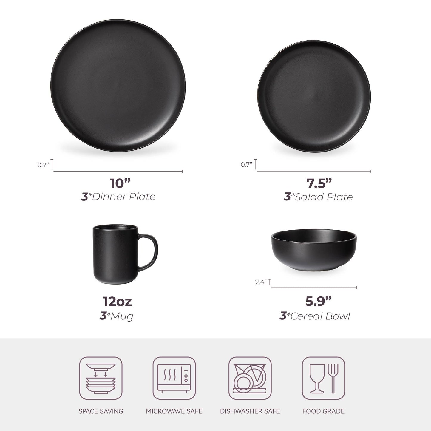 12-Piece Stoneware Dinnerware Sets with Mugs | Microwave & Dishwasher Safe | Non-Toxic Dinner Plates Bowls Set | Stackable Matte Glaze Kitchenware for 3,Black