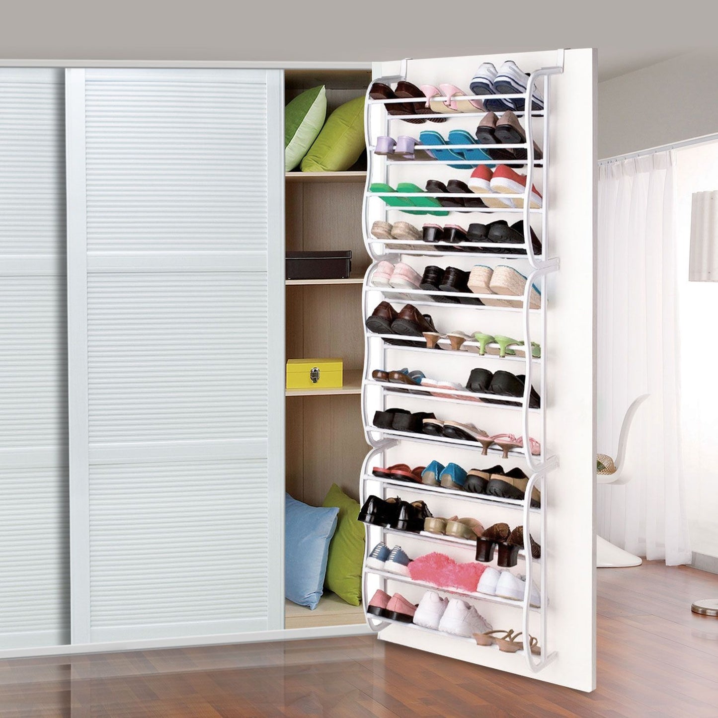 12-Shelf Over-the-Door Shoe Rack, Holds 36 Pairs, Heavy-Duty White Resin with Non-Slip Coated Steel, Easy Assembly, Clutter-Free Solution for Small Spaces
