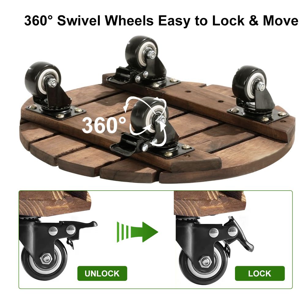 12inch Round Wooden Plant Cart: Natural Beauty, Easy Mobility, Perfect for Gardening
