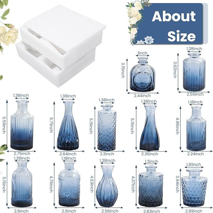 12Pcs Blue Glass Bud Vases Set, Small Vases for Flowers, Perfect for Centerpieces at Parties, Baby Showers, Weddings, Events, Graduation Season, Great Gifts for Office & Home Décor