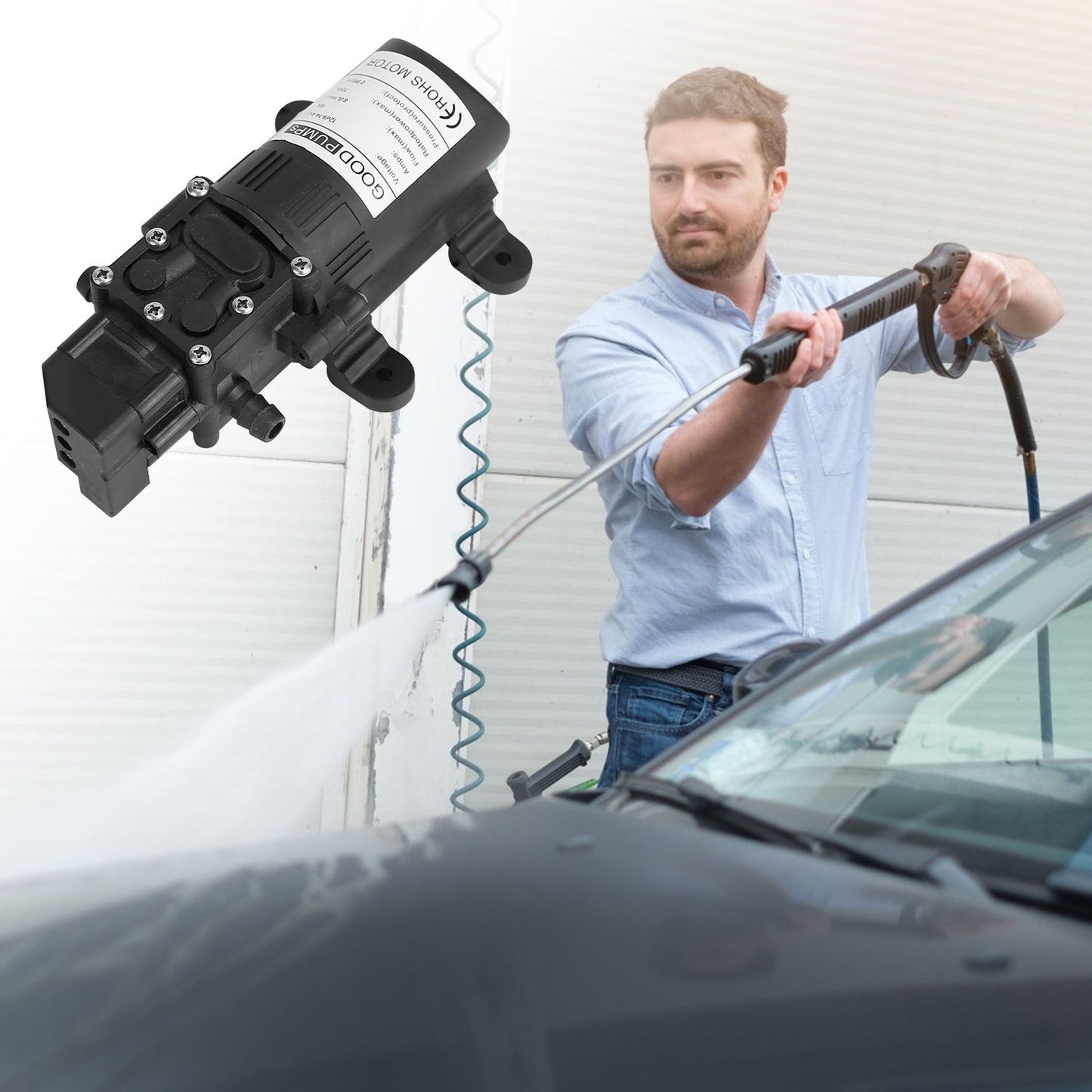 12V Water Pump with 2 Hose Clamps 130PSI Self Priming Sprayer Pump 70W Electric Diaphragm Water Pump 6L/Min for RV Camper Marine Boat