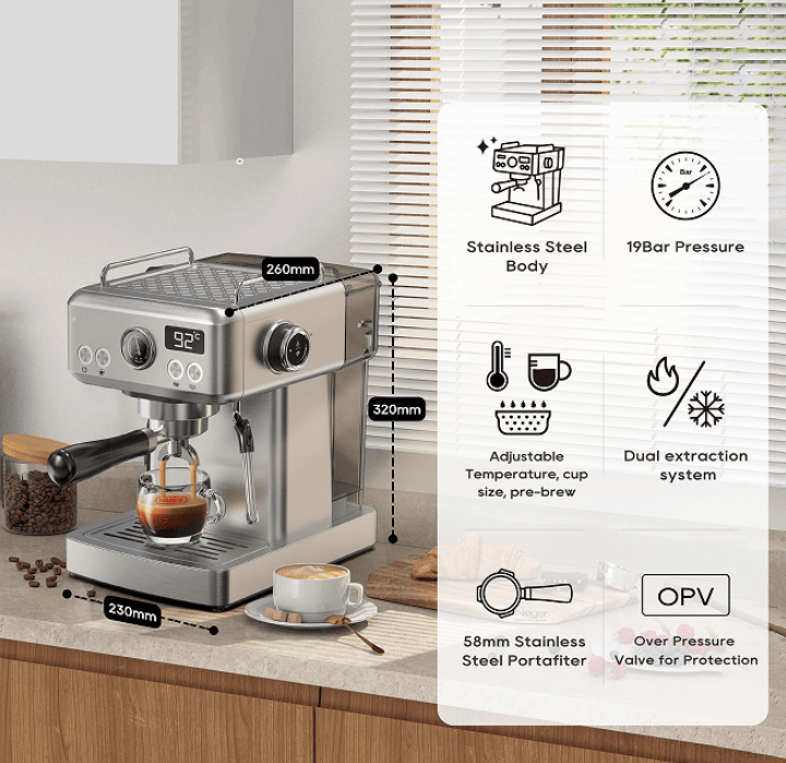 1350W Semi-automatic espresso machine with temperature adjusted mobile filter Cold / hot espresso 20Bar extraction mocha Nestle espresso Steam temperature and cup volume adjustable pre-soaking