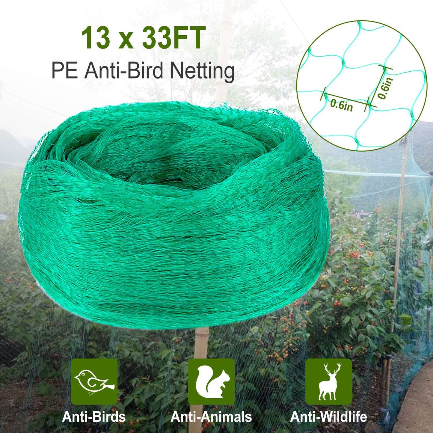 13x33ft Heavy-Duty PE Garden Netting, 430sqft Bird and Animal Protection, 0.6in x 0.6in Mesh, UV-Resistant, Multi-Purpose for Plants