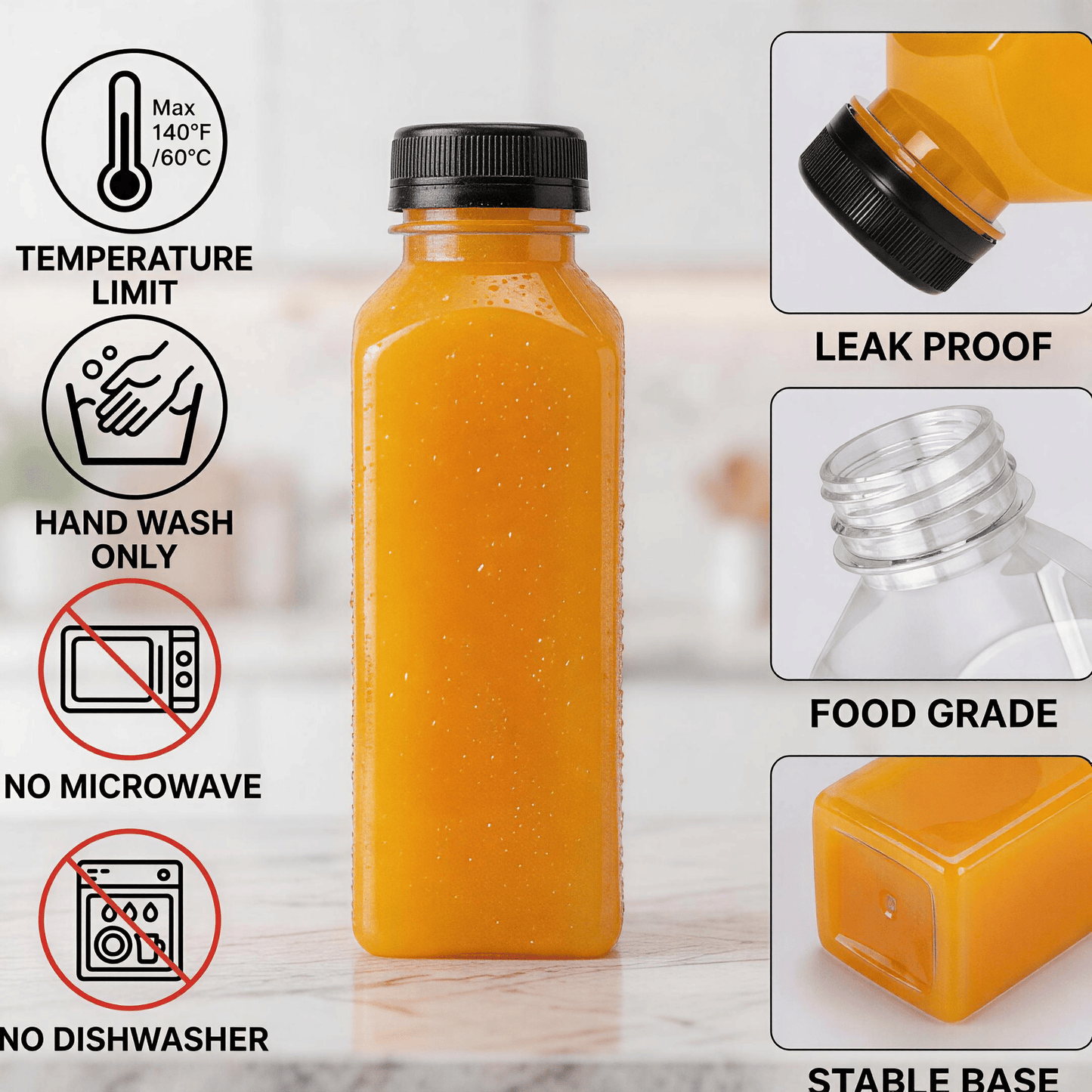 [150 Pack] 12 oz Clear Square Plastic Juice Bottles with Black Tamper Evident Caps, Funnel, Cleaning Brush and DIY Labels - Reusable Beverage Containers Bulk