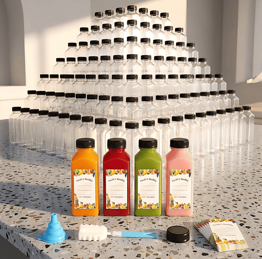 [150 Pack] 12 oz Clear Square Plastic Juice Bottles with Black Tamper Evident Caps, Funnel, Cleaning Brush and DIY Labels - Reusable Beverage Containers Bulk