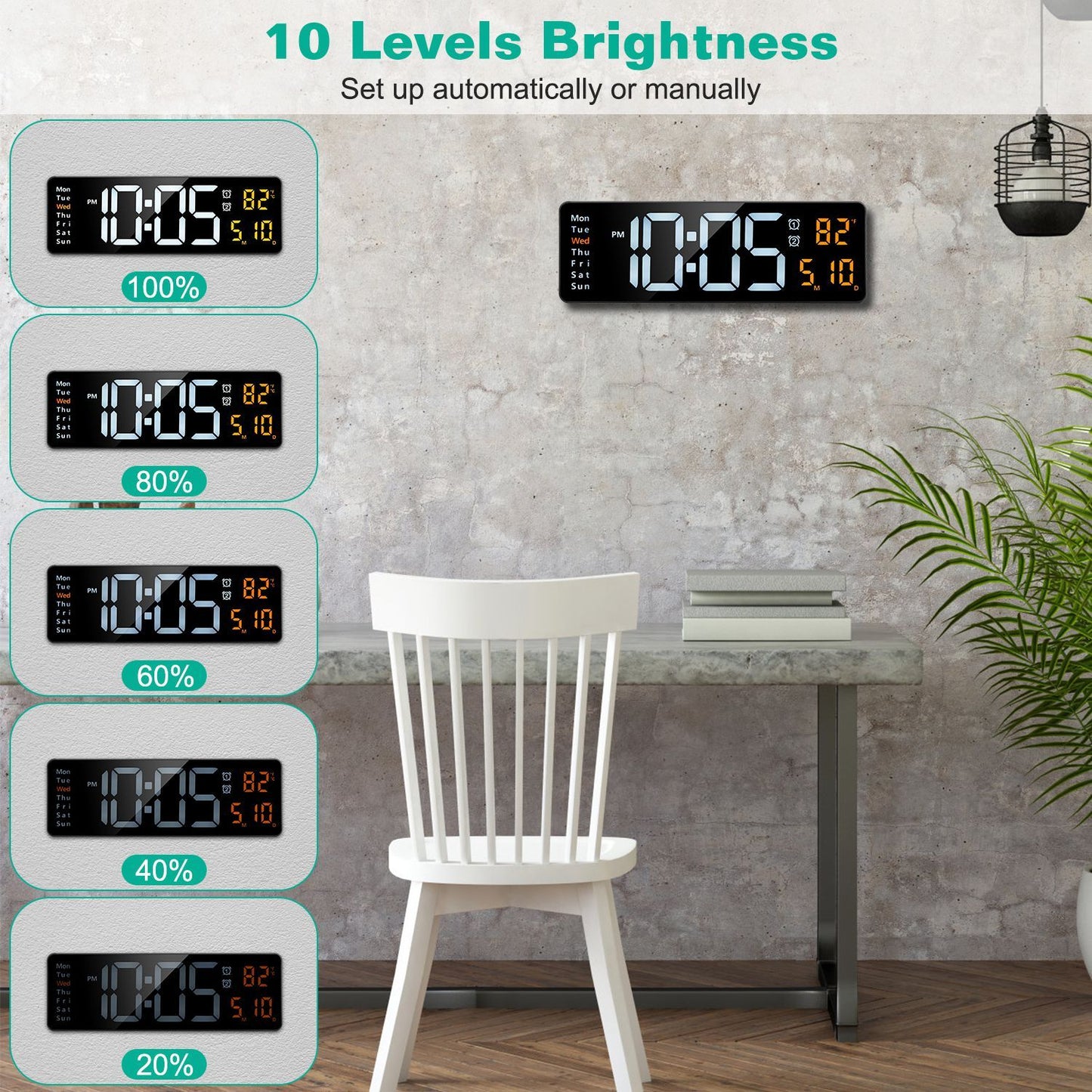 15.7in LED Digital Wall Clock with Remote Control 10 Level Brightness 3 Alarm Settings 12/24Hr Format Timing Countdown Temperature Calendar Display Decorative Clock For Office Home