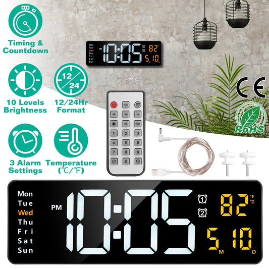 15.7in LED Digital Wall Clock with Remote Control 10 Level Brightness 3 Alarm Settings 12/24Hr Format Timing Countdown Temperature Calendar Display Decorative Clock For Office Home