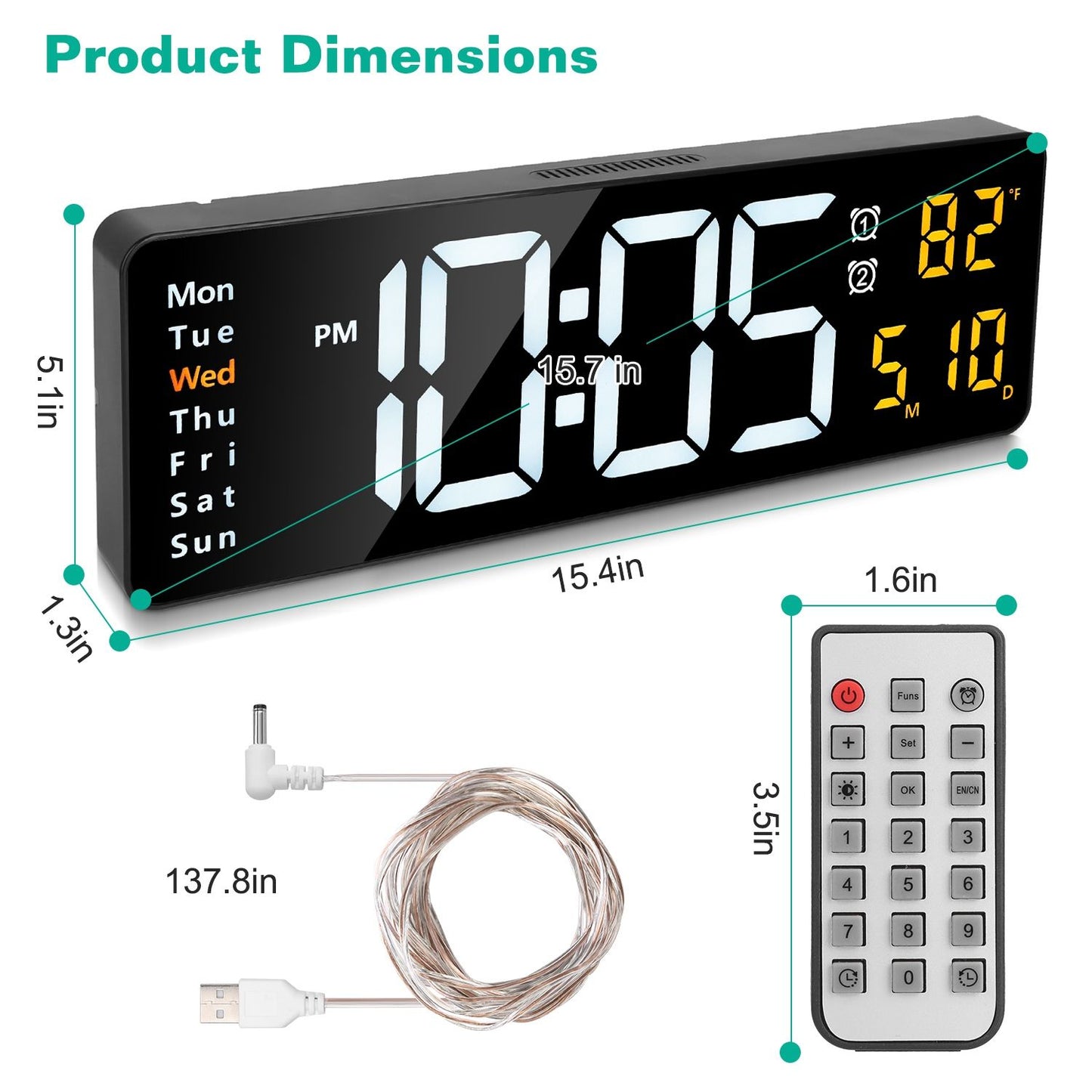 15.7in LED Digital Wall Clock with Remote Control 10 Level Brightness 3 Alarm Settings 12/24Hr Format Timing Countdown Temperature Calendar Display Decorative Clock For Office Home