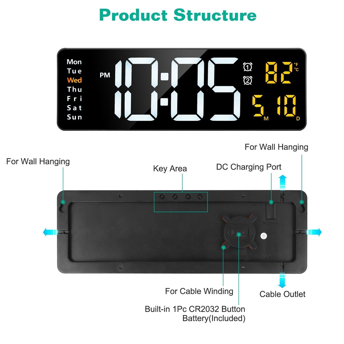 15.7in LED Digital Wall Clock with Remote Control 10 Level Brightness 3 Alarm Settings 12/24Hr Format Timing Countdown Temperature Calendar Display Decorative Clock For Office Home