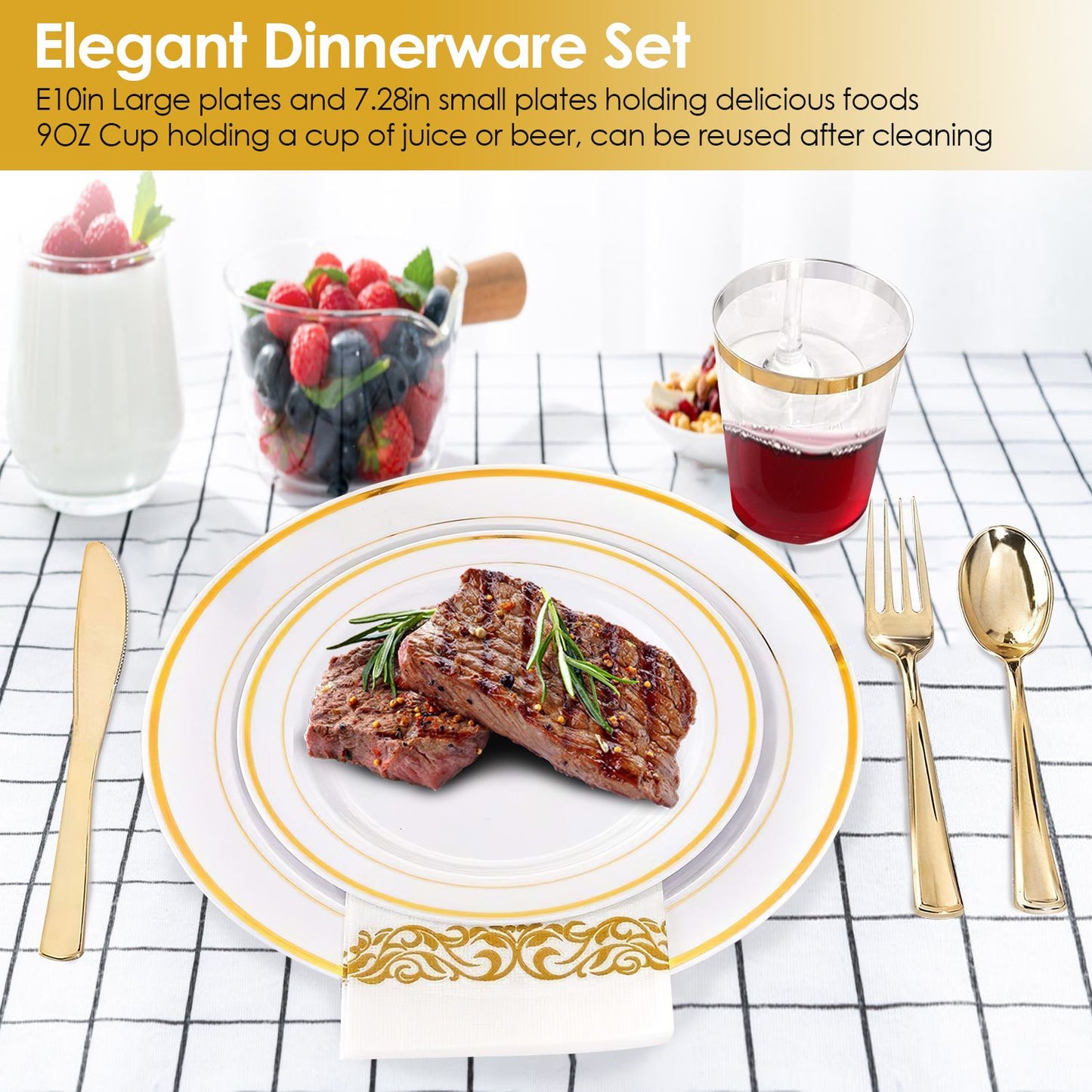 175PCS Disposable Gold Rim Dinnerware Set for 25 Guests - Premium Plastic Plates Cups Cutlery Napkins, Perfect for Wedding Birthday Halloween Christmas Catering Events