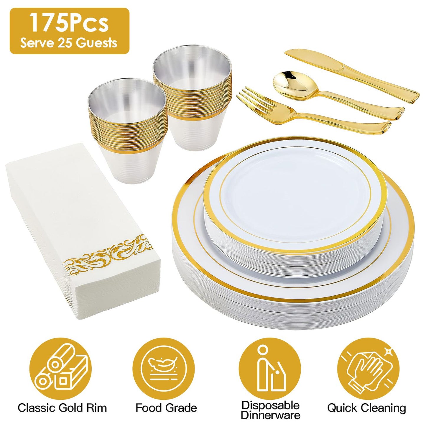175PCS Disposable Gold Rim Dinnerware Set for 25 Guests - Premium Plastic Plates Cups Cutlery Napkins, Perfect for Wedding Birthday Halloween Christmas Catering Events