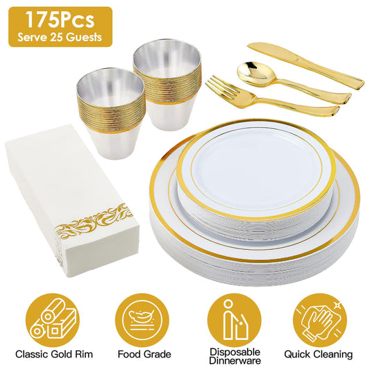 175PCS Disposable Gold Rim Dinnerware Set for 25 Guests - Premium Plastic Plates Cups Cutlery Napkins, Perfect for Wedding Birthday Halloween Christmas Catering Events