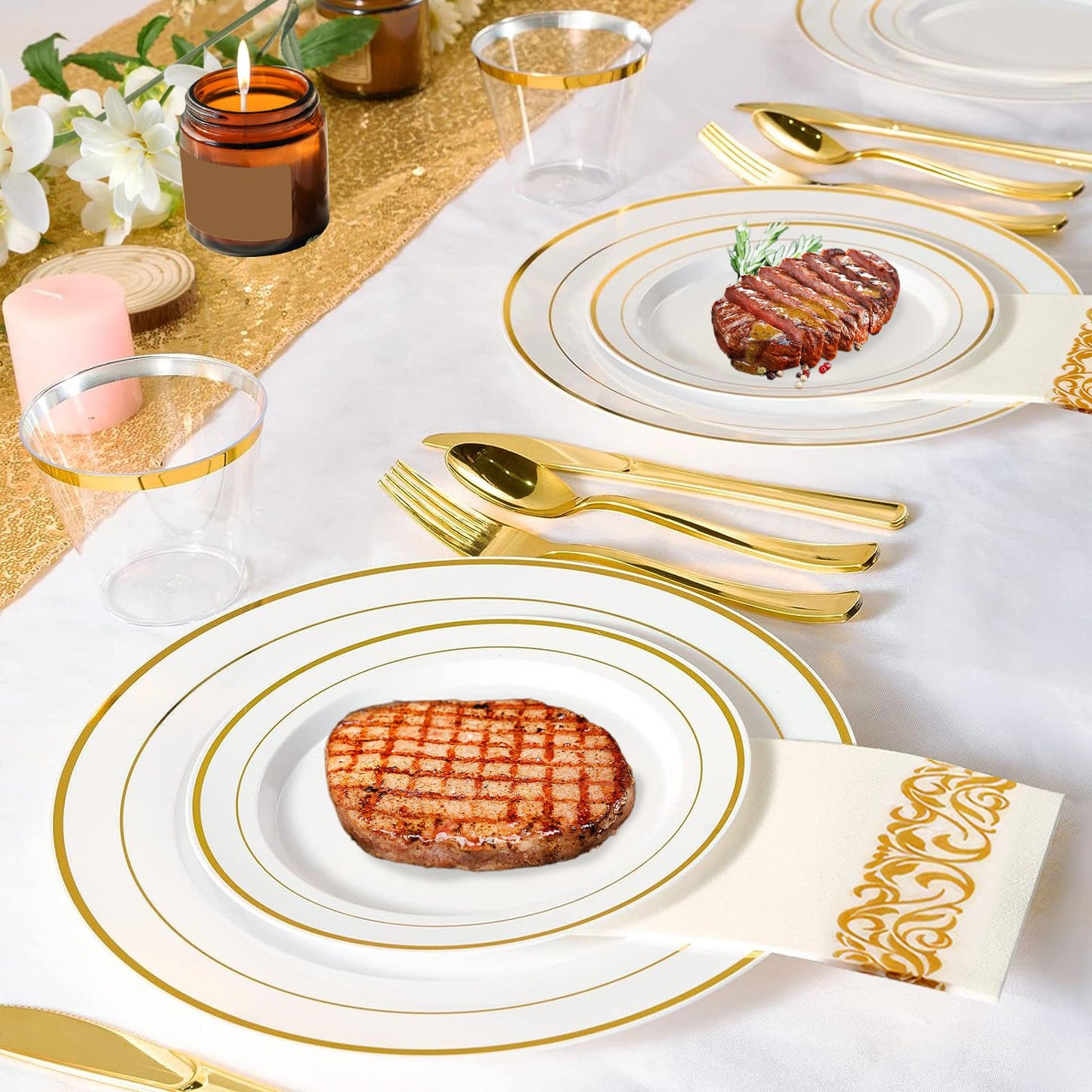 175PCS Disposable Gold Rim Dinnerware Set for 25 Guests - Premium Plastic Plates Cups Cutlery Napkins, Perfect for Wedding Birthday Halloween Christmas Catering Events