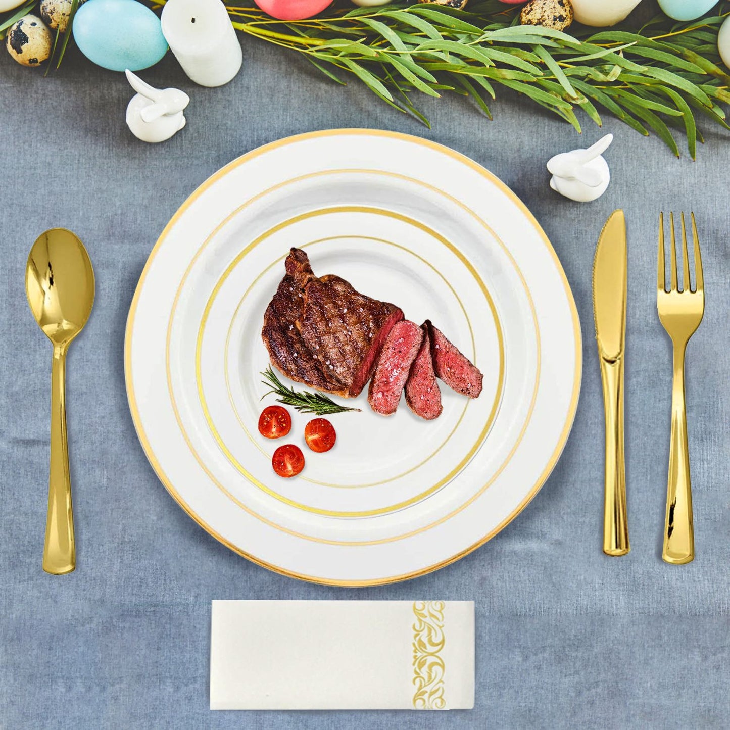 175PCS Disposable Gold Rim Dinnerware Set for 25 Guests - Premium Plastic Plates Cups Cutlery Napkins, Perfect for Wedding Birthday Halloween Christmas Catering Events