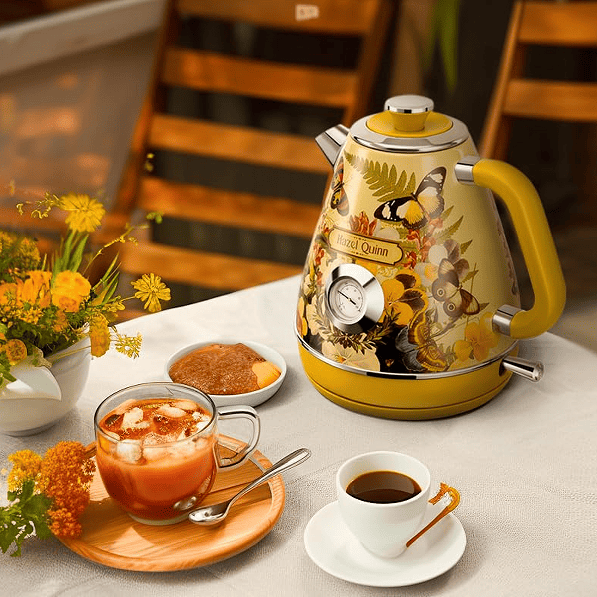 1.7L retro painted electric kettle 1200W Instrument dial thermometer flower watermark painting fast boiling rope without BPA automatically closed SUS304