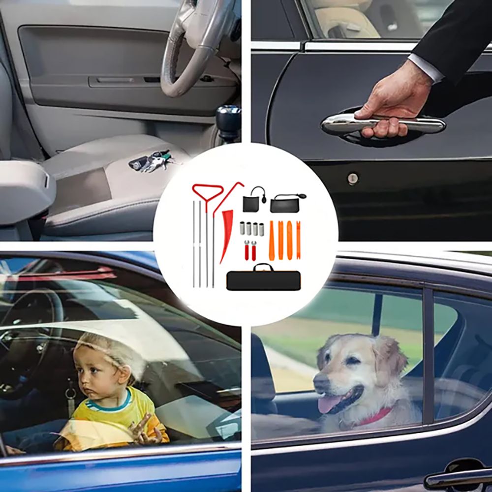 18-piece car emergency kit with window wedge, air wedge bag pump, long distance grabber, automatic trim and removal tool Preferred merchant service providers include SpeedX.UNIUNI.Amazon.USPS