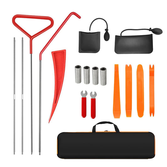 18-piece car emergency kit with window wedge, air wedge bag pump, long distance grabber, automatic trim and removal tool Preferred merchant service providers include SpeedX.UNIUNI.Amazon.USPS