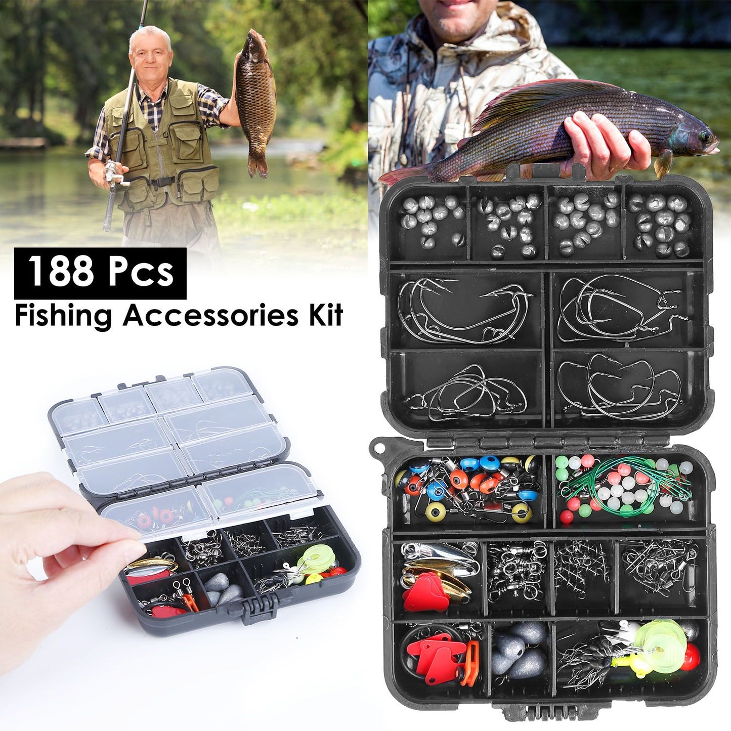 188PCS Fishing Accessory Kit - Includes Hooks, Sinker Weights, Lures, Swivels & More, Premium Corrosion-Resistant Material with Tackle Box for Easy Storage & Carry, Ideal Gift for Fishermen
