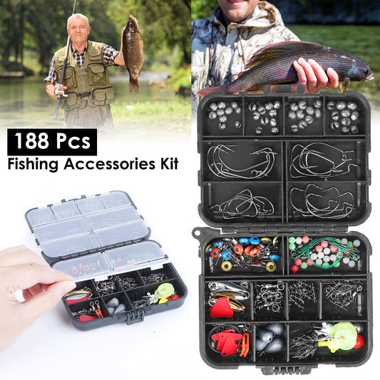 188PCS Fishing Accessory Kit - Includes Hooks, Sinker Weights, Lures, Swivels & More, Premium Corrosion-Resistant Material with Tackle Box for Easy Storage & Carry, Ideal Gift for Fishermen