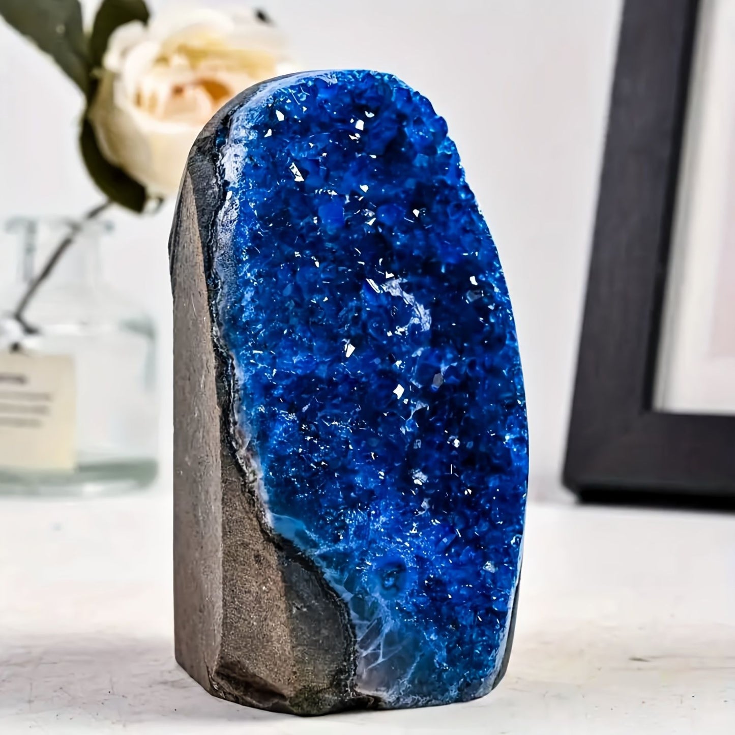 1pc Elegant Blue Crystal Cluster, Artificial Vertical Quartz Crystal Cluster Decoration, High-end Living Room and Office Decoration, Handicraft Collection, Cathedral Mystery Stone - Unique Gift Idea