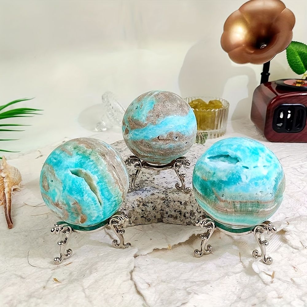 1pc Unique Natural Hemimorphite Sphere - Bohemian Teal Blue & White Marbled Stone, Smooth Spherical Mineral Specimen for Home Decor, Tabletop or Entrance Centerpiece, Holiday Gift for Christmas