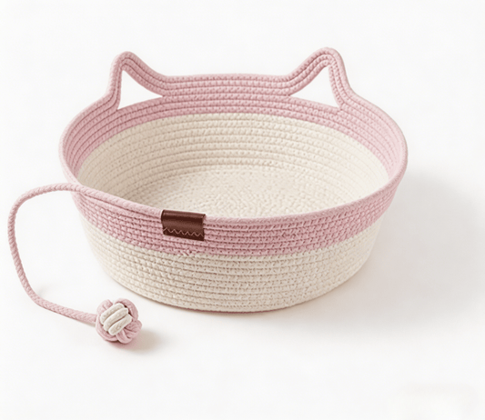 2-in-1 Cotton Rope Cat Bed with Hanging Interactive Toy, Cozy Round Cat Nest for Indoor Cats, Washable Pet Bed with Handles, Modern Boho Home Decor for Kittens & Small Cats, Non-toxic & Durable