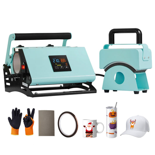 2 in 1 Tumbler and Hat Heat Press Machine, Mini Hat Heat Press for Caps and Hats, Tumbler Heat Press for 11-30oz Sublimation Tumblers and Mugs, Temperature and Time Control, Green