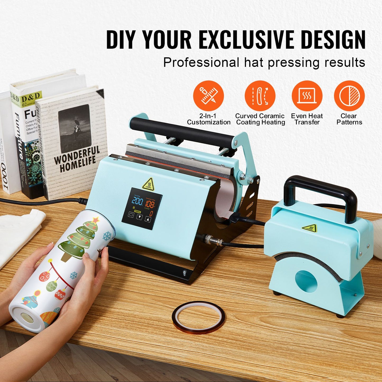 2 in 1 Tumbler and Hat Heat Press Machine, Mini Hat Heat Press for Caps and Hats, Tumbler Heat Press for 11-30oz Sublimation Tumblers and Mugs, Temperature and Time Control, Green