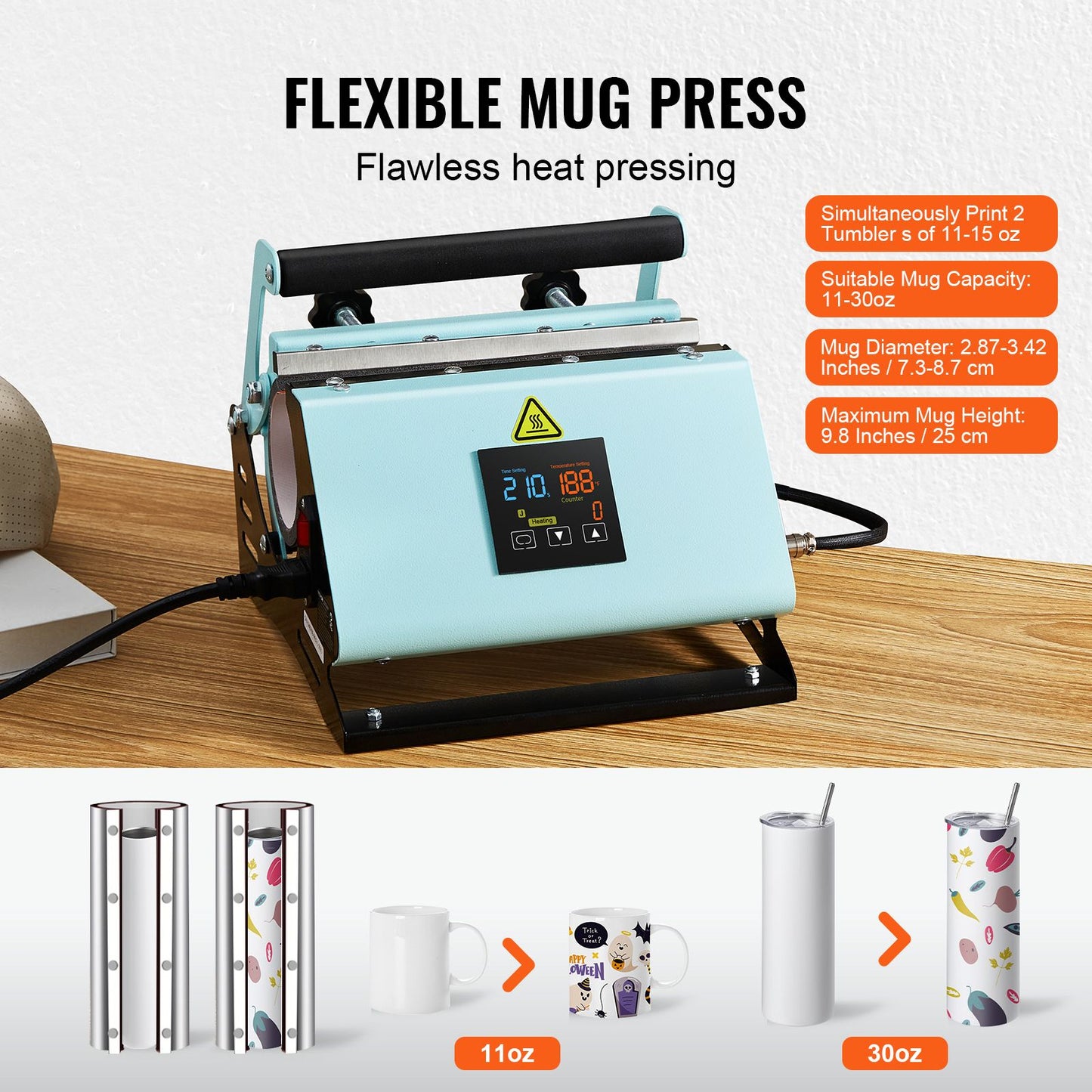 2 in 1 Tumbler and Hat Heat Press Machine, Mini Hat Heat Press for Caps and Hats, Tumbler Heat Press for 11-30oz Sublimation Tumblers and Mugs, Temperature and Time Control, Green