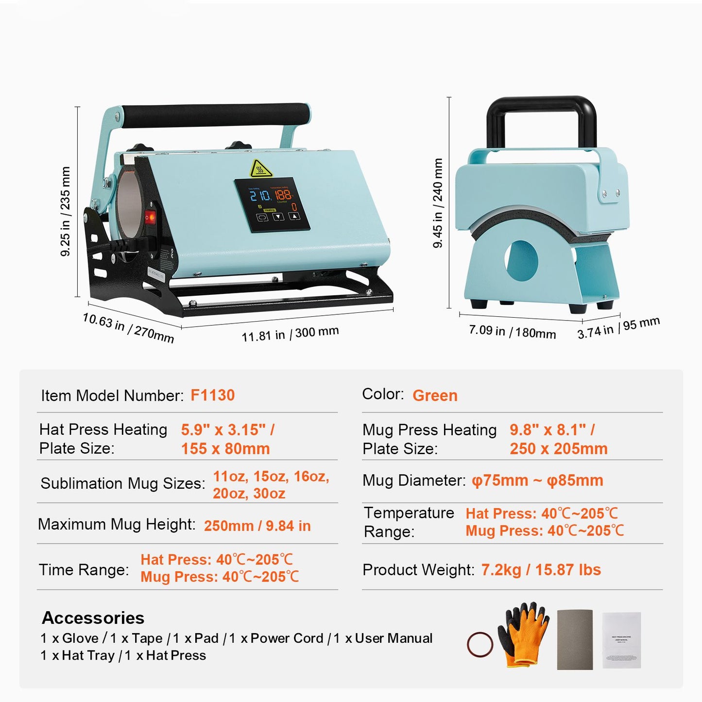 2 in 1 Tumbler and Hat Heat Press Machine, Mini Hat Heat Press for Caps and Hats, Tumbler Heat Press for 11-30oz Sublimation Tumblers and Mugs, Temperature and Time Control, Green