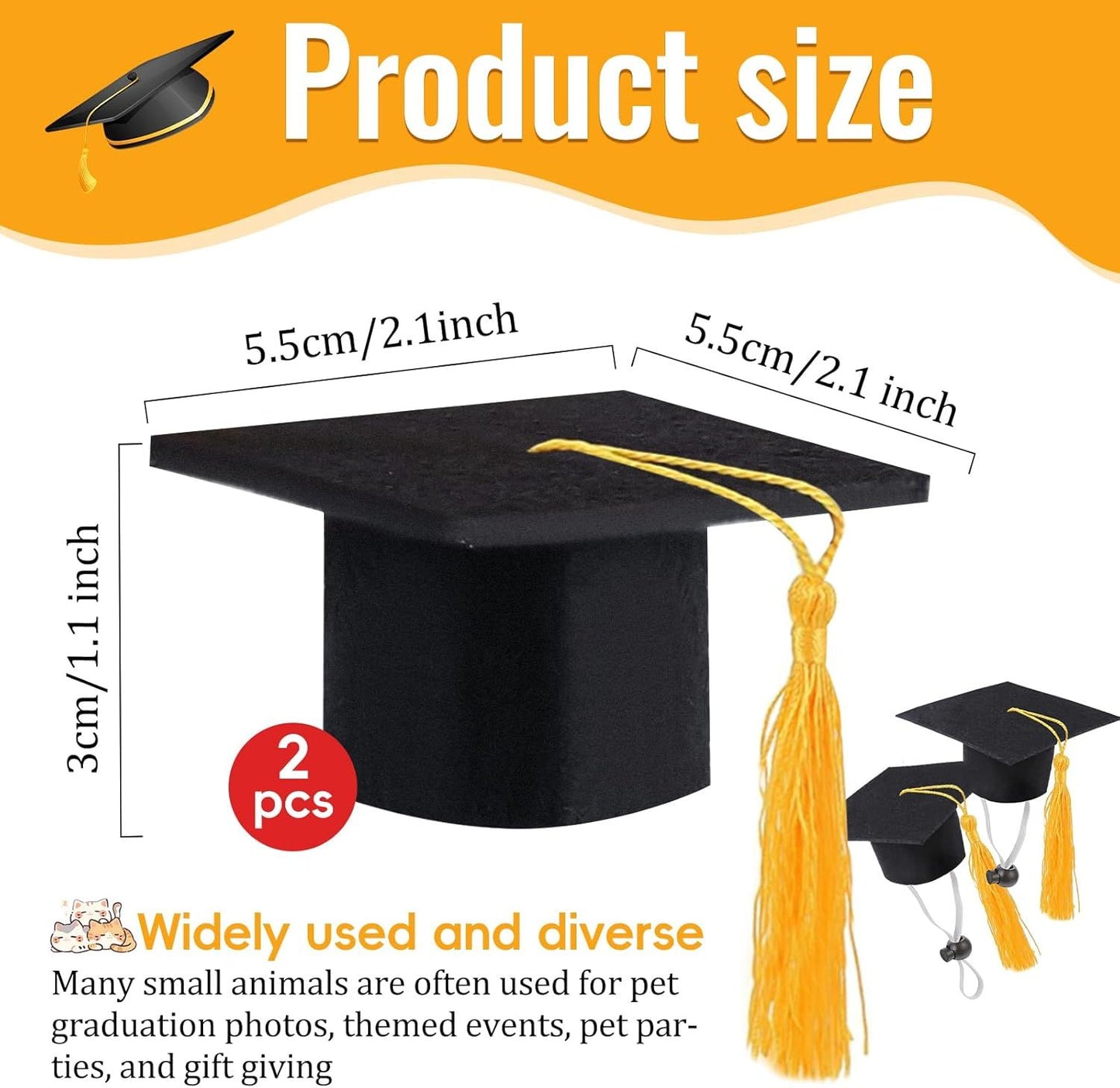 2 Pack Mini Graduation Caps with Yellow Tassels, Small Animal Bachelor Hats for Cats and Dogs, Adjustable Pet Graduation Photo Props and Holiday Costume Accessories