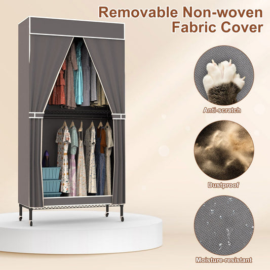 2 Tier Clothing Rack With Cover Portable Wardrobe Closet Covered Garment Rack with 4 Wheels 2 Hanging Rods 2 Hook Racks 35.43x17.13x72.44in