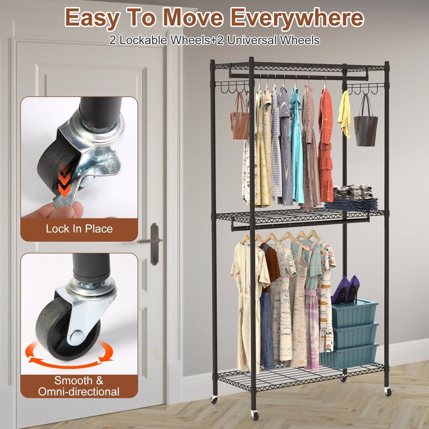 2 Tier Clothing Rack With Cover Portable Wardrobe Closet Covered Garment Rack with 4 Wheels 2 Hanging Rods 2 Hook Racks 35.43x17.13x72.44in
