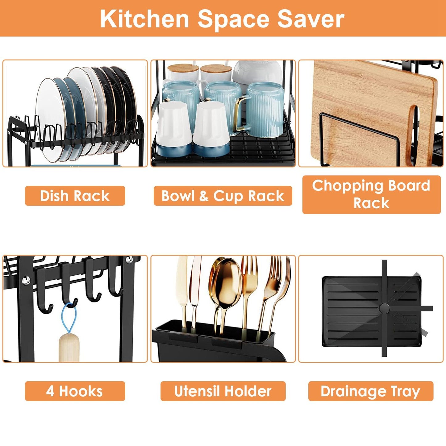 2-Tier Dish Drying Rack for Kitchen Counter Space Saving Rustproof Dish Rack with Drainboard Detachable Kitchen Drainer Organizer Set with Utensil Holder Bowl Rack Dish Rack Chopping Board Rack