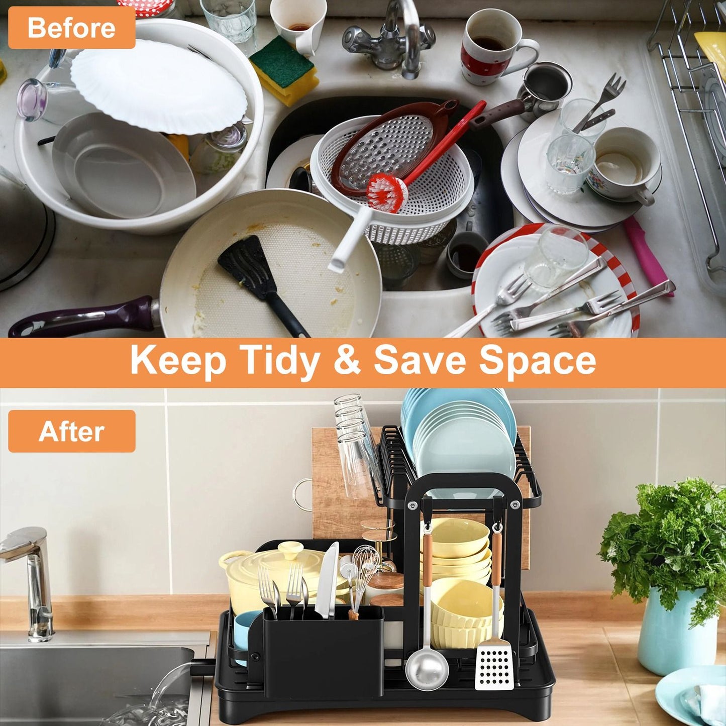 2-Tier Dish Drying Rack for Kitchen Counter Space Saving Rustproof Dish Rack with Drainboard Detachable Kitchen Drainer Organizer Set