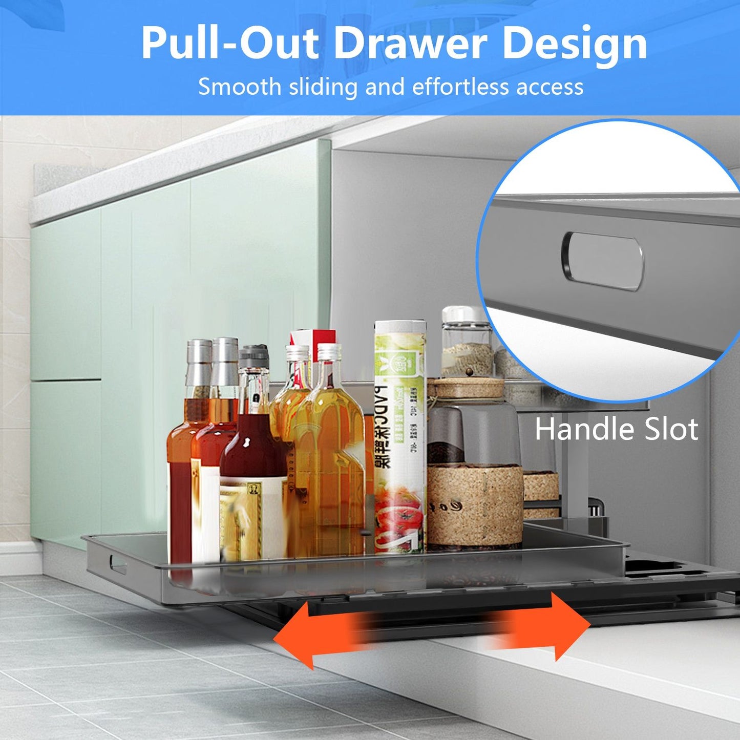 2-Tier Pull Out Under Sink Organizer Cabinet Organizer With Sliding Drawer Tray L-Shaped Slide Out Storage Shelves For Bathroom Kitchen Cabinet