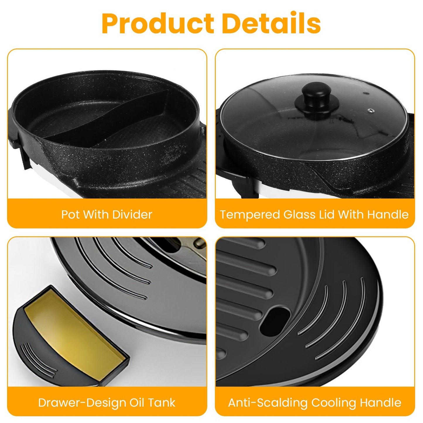 2200W Electric Hot Pot and Grill Combo, 2 in 1 Independent Control Non-Stick Electric Cooker, Smokeless Grill with Hot Pot for 2-10 Persons