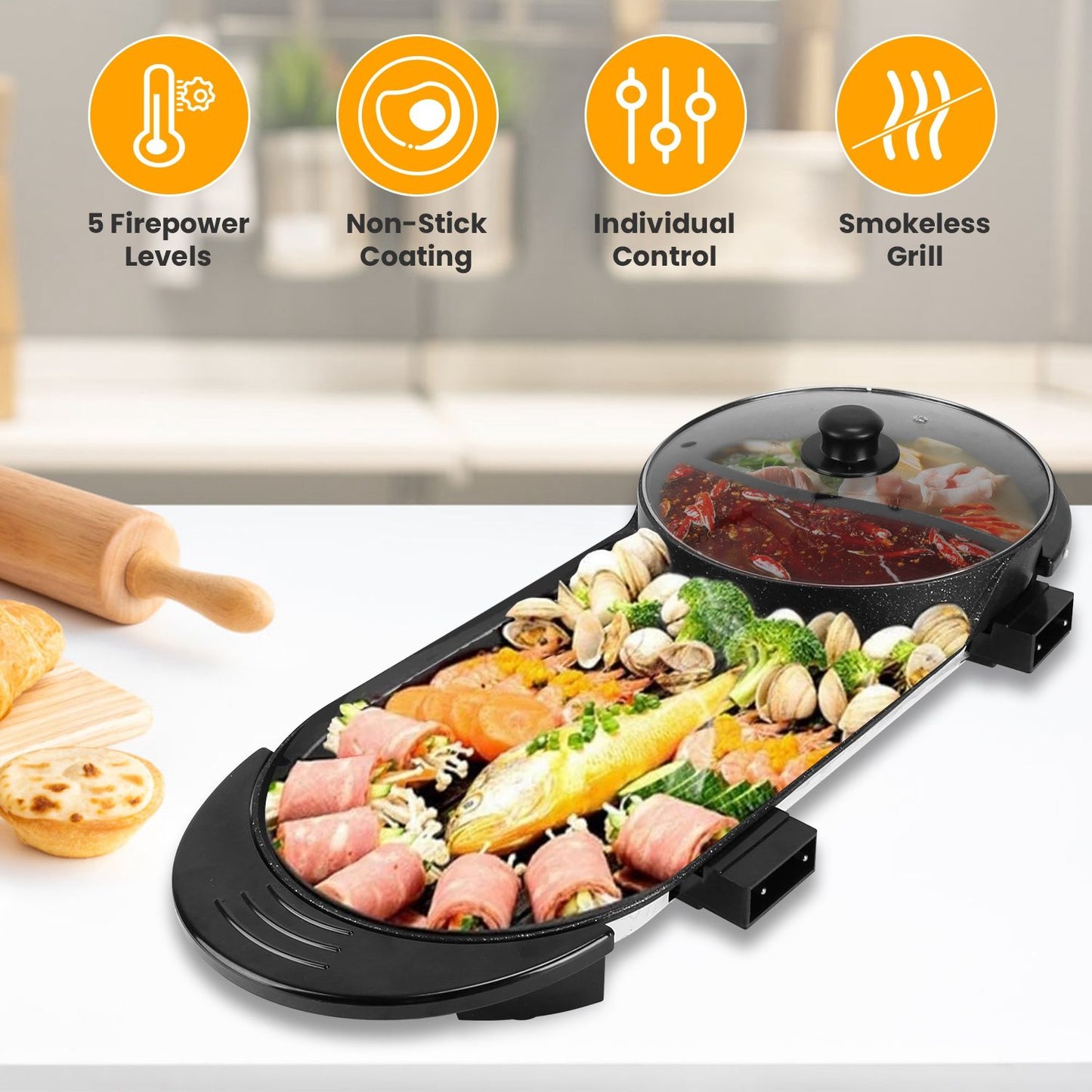 2200W Electric Hot Pot and Grill Combo, 2 in 1 Independent Control Non-Stick Electric Cooker, Smokeless Grill with Hot Pot for 2-10 Persons