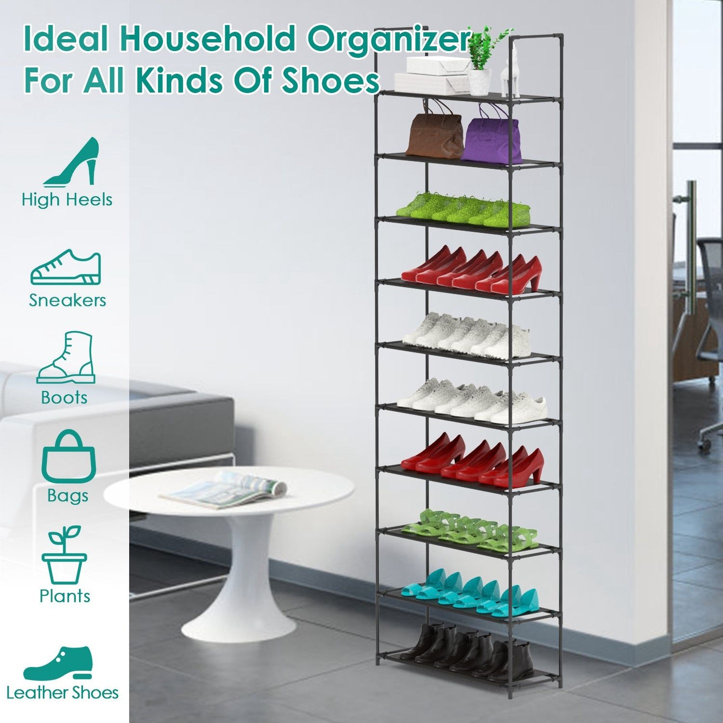23.03x10.82x72.83in 10-Tier Shoe Rack - Heavy Duty Steel Frame, 66lbs Capacity, Adjustable Tiers for Boots/High Heels, Space-Saving Storage for Entryway/Closet, Easy Assembly No Tools Neede