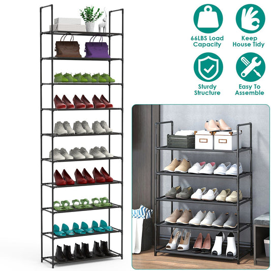23.03x10.82x72.83in 10-Tier Shoe Rack - Heavy Duty Steel Frame, 66lbs Capacity, Adjustable Tiers for Boots/High Heels, Space-Saving Storage for Entryway/Closet, Easy Assembly No Tools Neede