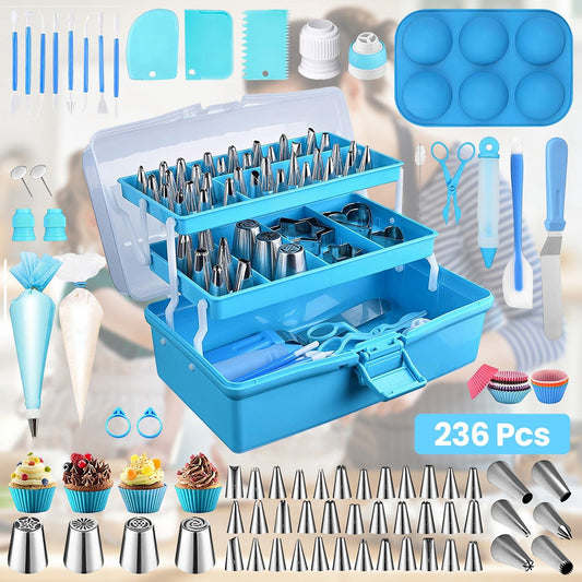 236 - Piece Baking Supplies Set - Cake Decorating Kit with Stainless Steel Tips, Piping Bags, Cookie Molds & More - Safe Materials - Beginner - Friendly with Pattern Chart & Storage Box