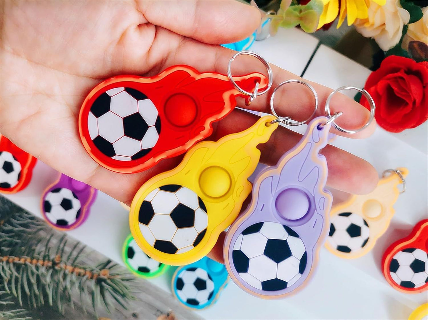 24 Packs Sport Soccer Students Gifts Bulk Rainbow Fidgets Keychain Gifts from Teacher, Mini Pop Holiday Classroom Prize Party Favors for Kids