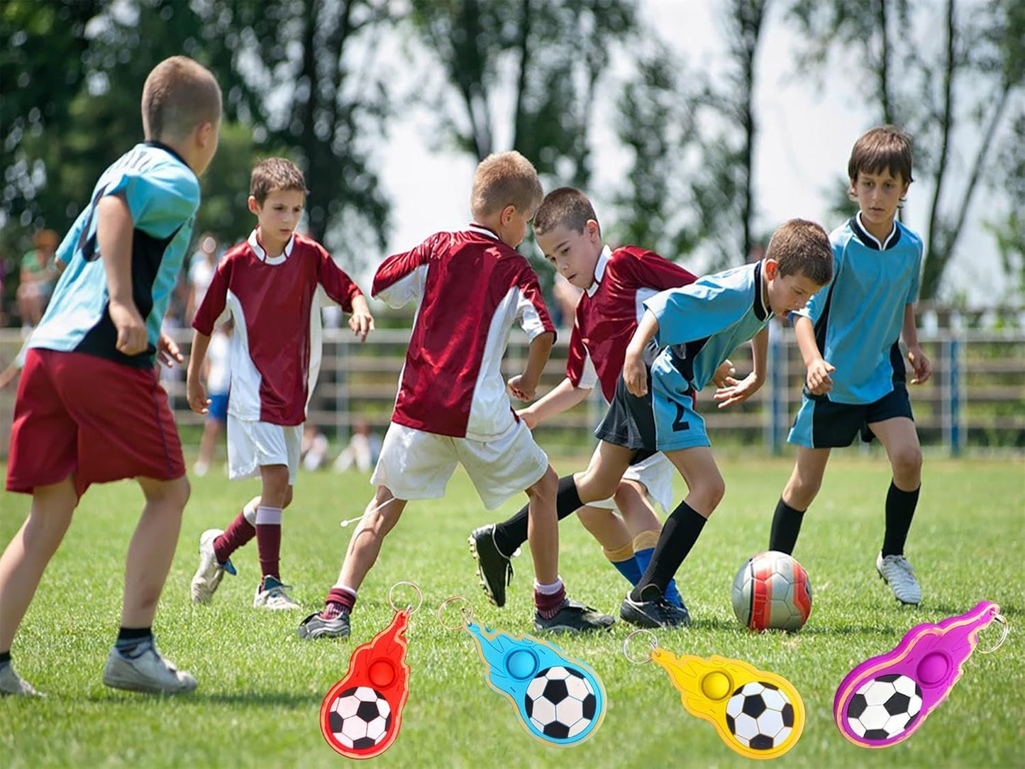 24 Packs Sport Soccer Students Gifts Bulk Rainbow Fidgets Keychain Gifts from Teacher, Mini Pop Holiday Classroom Prize Party Favors for Kids